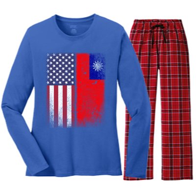 Taiwan Usa Taiwanese American Flag Pride Gift Women's Long Sleeve Flannel Pajama Set 