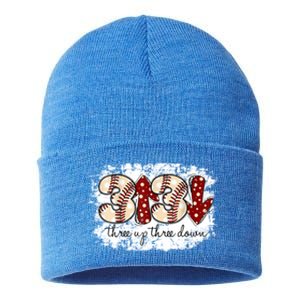 Three Up Three Down Baseball Game Day Groovy Baseball Lover Gift Sustainable Knit Beanie