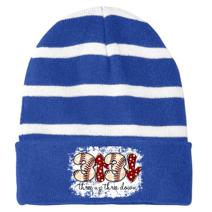 Three Up Three Down Baseball Game Day Groovy Baseball Lover Gift Striped Beanie with Solid Band