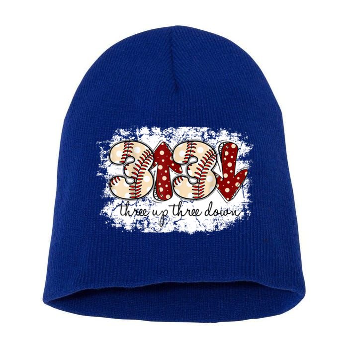 Three Up Three Down Baseball Game Day Groovy Baseball Lover Gift Short Acrylic Beanie