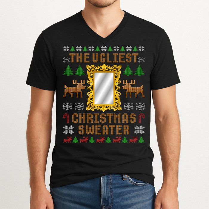 The Ugliest Ugly Christmas Sweater With Mirror Funny Xmas V-Neck T-Shirt