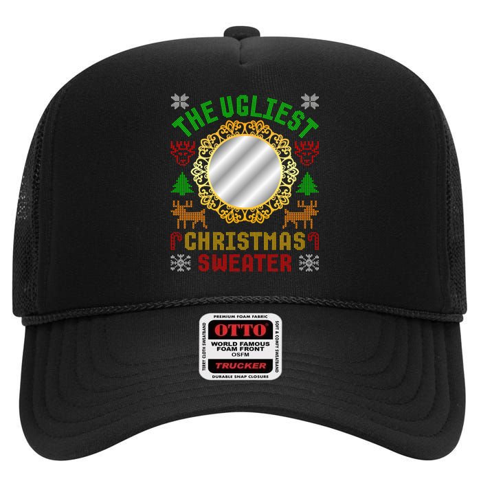 The Ugliest Ugly Christmas Sweater With Mirror Funny Xmas High Crown Mesh Back Trucker Hat