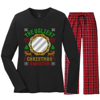 The Ugliest Ugly Christmas Sweater With Mirror Funny Xmas Women's Long Sleeve Flannel Pajama Set 