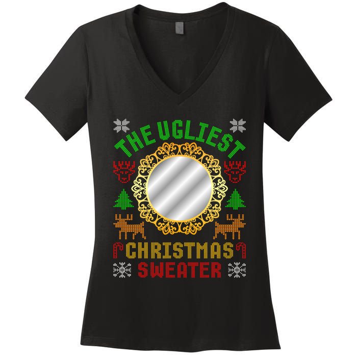 The Ugliest Ugly Christmas Sweater With Mirror Funny Xmas Women's V-Neck T-Shirt