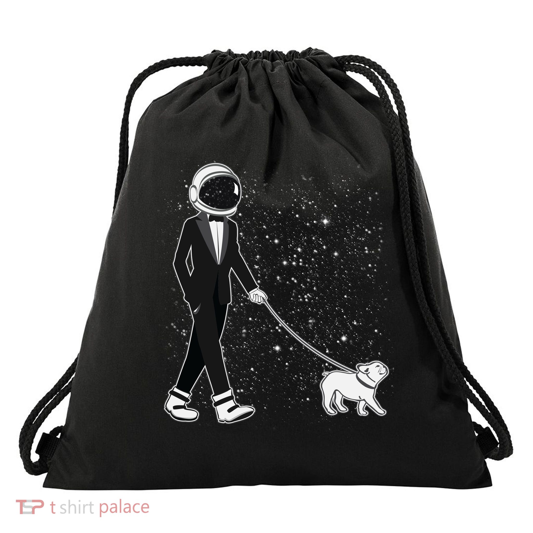 Tuxedo Astronaut Walking Dog Drawstring Bag