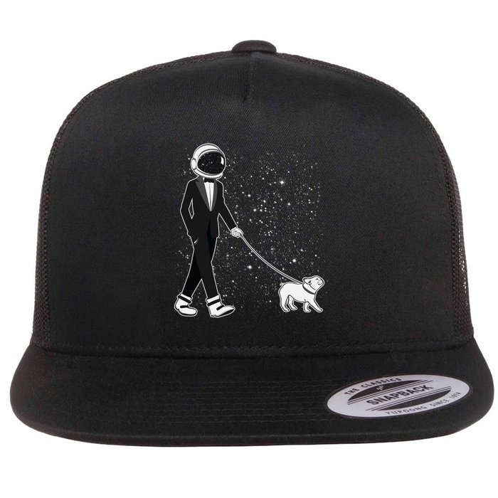 Tuxedo Astronaut Walking Dog Flat Bill Trucker Hat