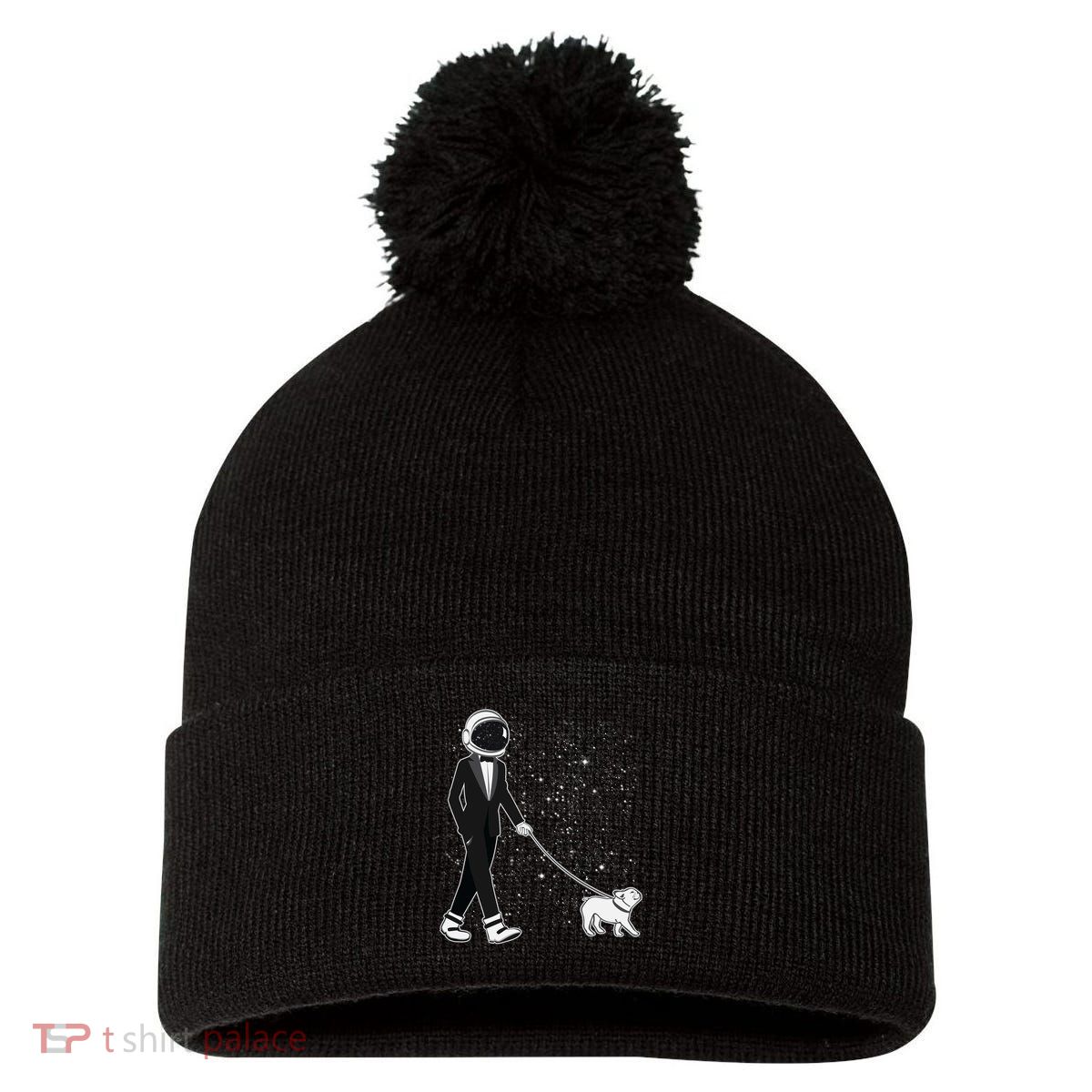 Tuxedo Astronaut Walking Dog Pom Pom 12in Knit Beanie