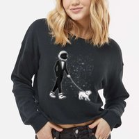 Tuxedo Astronaut Walking Dog Cropped Pullover Crew