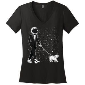 Tuxedo Astronaut Walking Dog Women's V-Neck T-Shirt