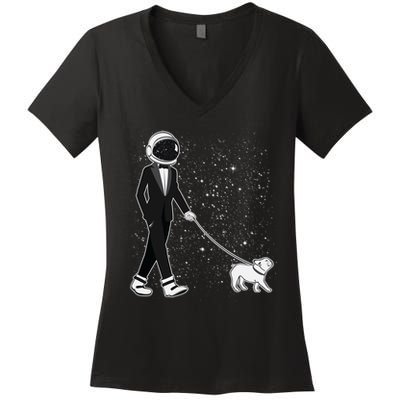 Tuxedo Astronaut Walking Dog Women's V-Neck T-Shirt