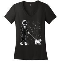 Tuxedo Astronaut Walking Dog Women's V-Neck T-Shirt
