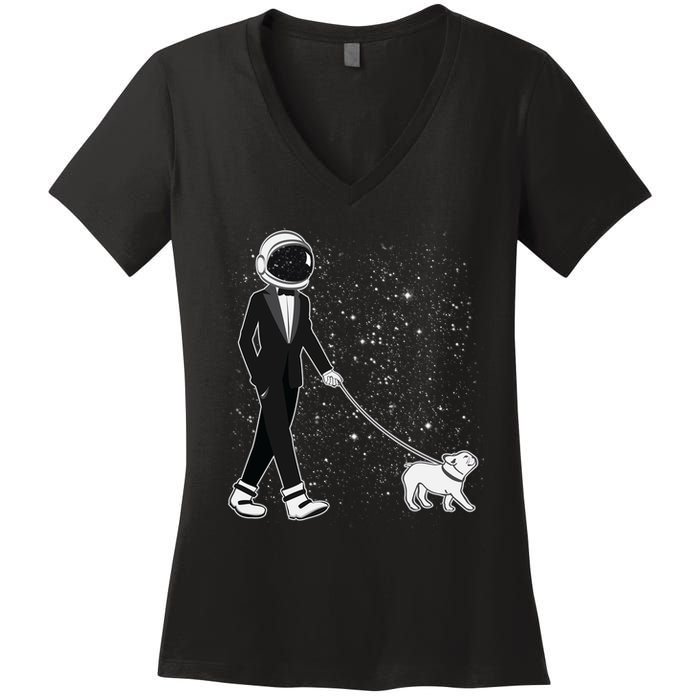 Tuxedo Astronaut Walking Dog Women's V-Neck T-Shirt