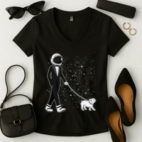 Tuxedo Astronaut Walking Dog Women's V-Neck T-Shirt