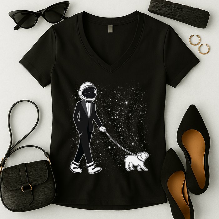 Tuxedo Astronaut Walking Dog Women's V-Neck T-Shirt