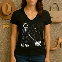 Tuxedo Astronaut Walking Dog Women's V-Neck T-Shirt