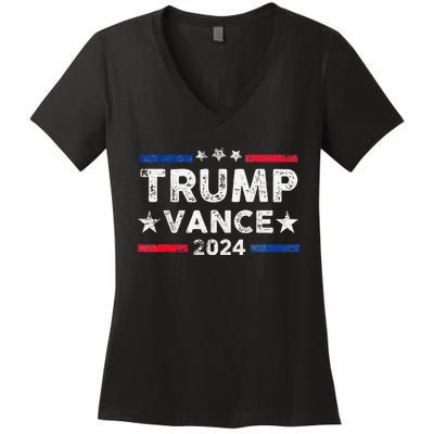 Trump Vance 2024 Us Flag Vintage Election President 2024 Gift Women's V-Neck T-Shirt