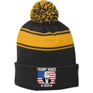 Trump Vance 2024 Retro Featuring Trump And Jd Vance Donald Trump 2024 Stripe Pom Pom Beanie