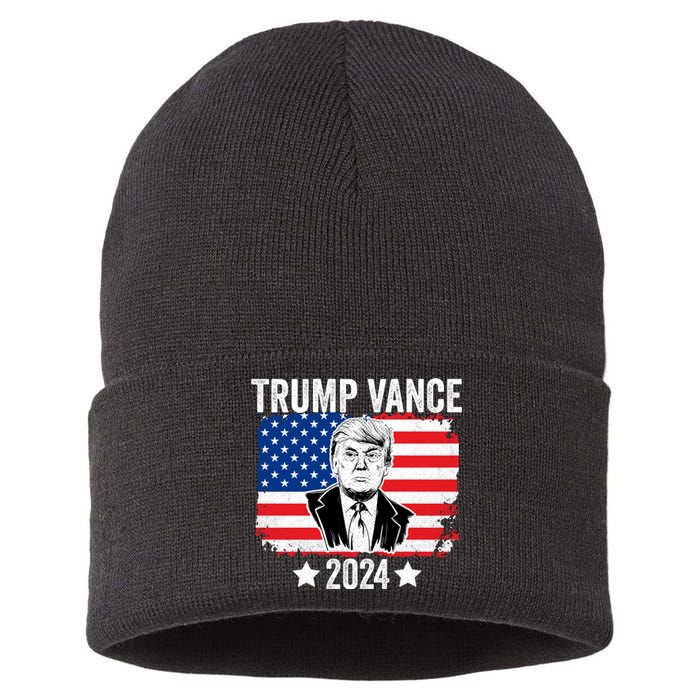 Trump Vance 2024 Retro Featuring Trump And Jd Vance Donald Trump 2024 Sustainable Knit Beanie