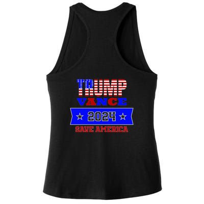 Trump Vance 2024 Front Pocket Print And Back Ladies PosiCharge Tri-Blend Wicking Tank