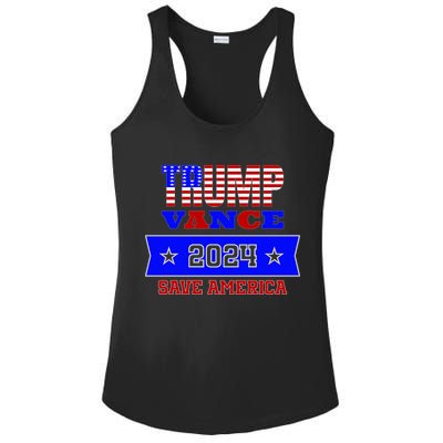 Trump Vance 2024 Front Pocket Print And Back Ladies PosiCharge Competitor Racerback Tank