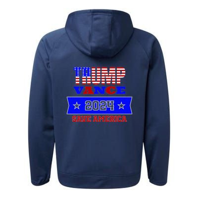 Trump Vance 2024 Front Pocket Print And Back Performance Fleece Hoodie