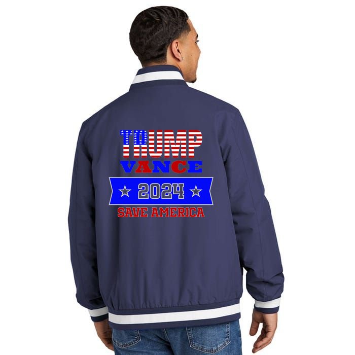 Trump Vance 2024 Front Pocket Print And Back Insulated Varsity Jacket