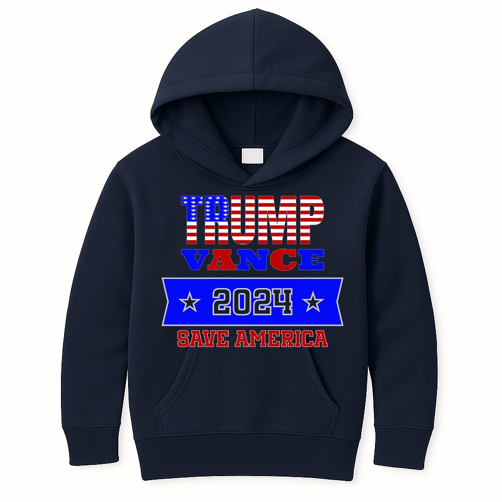 Trump Vance 2024 Front Pocket Print And Back Kids Hoodie