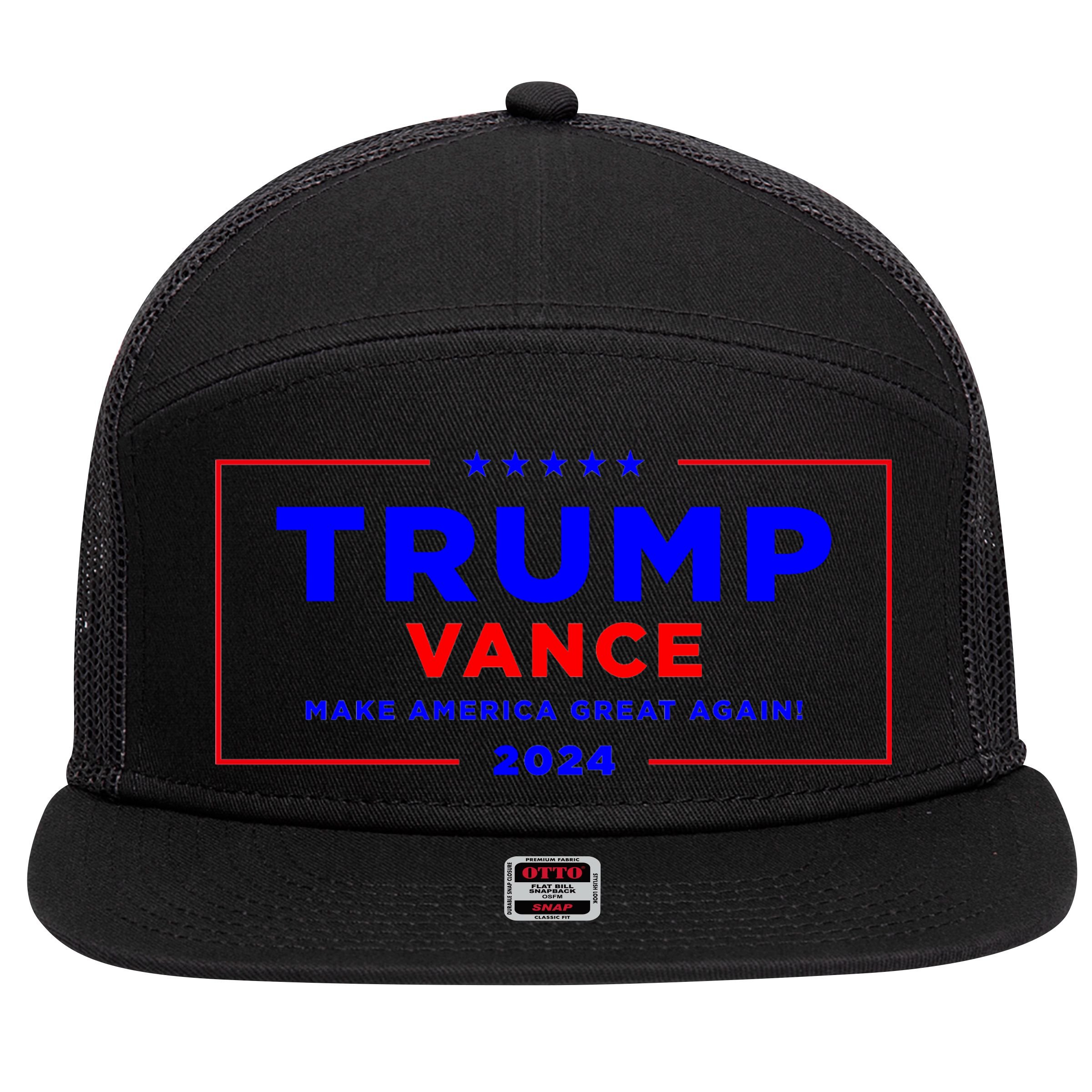 Trump Vance 2024 Front Pocket Print With Back Print 7 Panel Mesh Trucker Snapback Hat