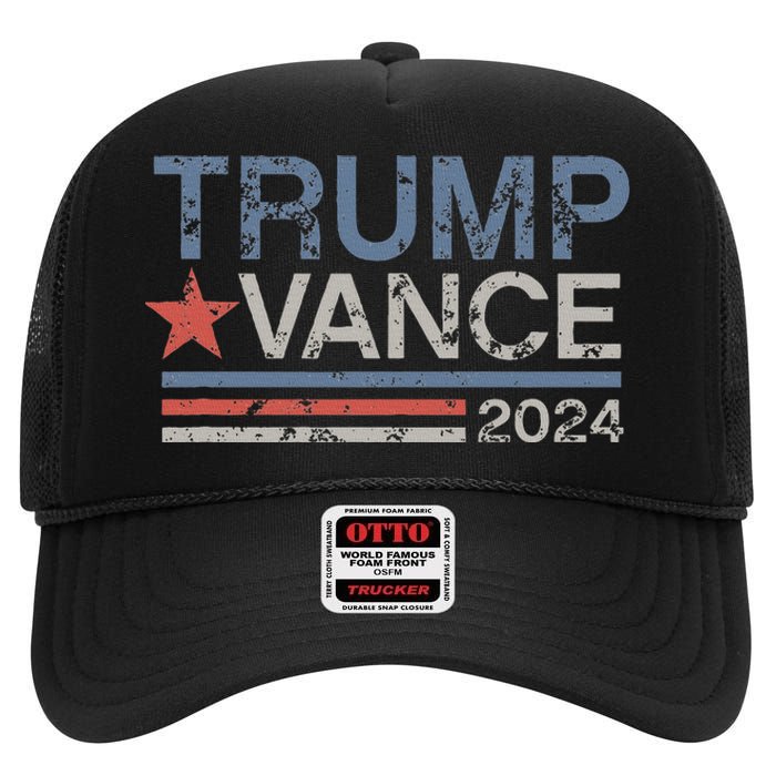 Trump Vance 2024 Retro Featuring Trump And Jd Vance High Crown Mesh Back Trucker Hat