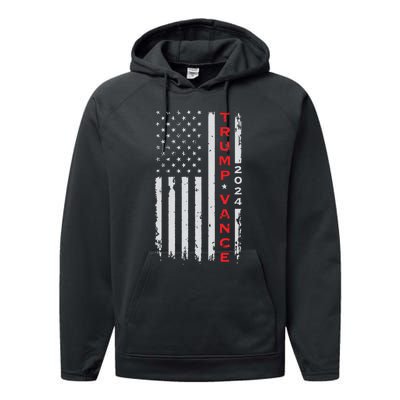 Trump Vance 2024 Vintage Subdued Vertical Flag Performance Fleece Hoodie