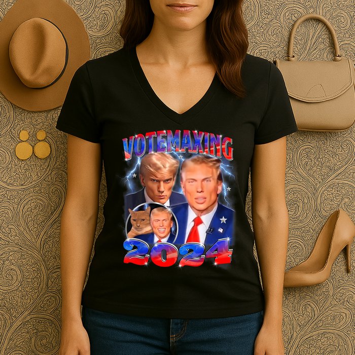 Trump Votemaxing 2024 Looksmaxxing Funny Mewing Meme Women's V-Neck T-Shirt