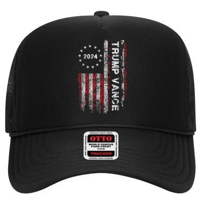 Trump Vance 2024 Usa Flag Patriotic Clothing High Crown Mesh Back Trucker Hat