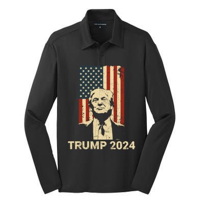 Trump Vintage America Flag Trump 2024 Gift Silk Touch Performance Long Sleeve Polo