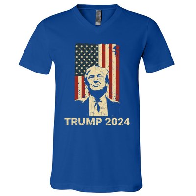 Trump Vintage America Flag Trump 2024 Gift V-Neck T-Shirt