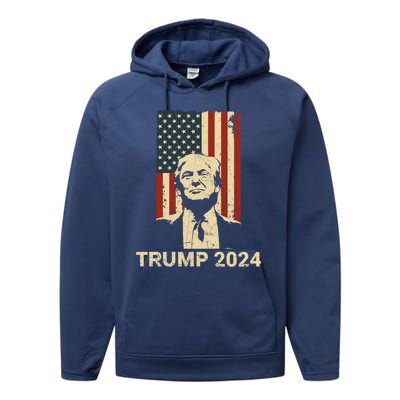 Trump Vintage America Flag Trump 2024 Gift Performance Fleece Hoodie