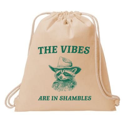 The Vibes Are In Shambles Sarcastic Funny Raccoon Cowboy Drawstring Bag