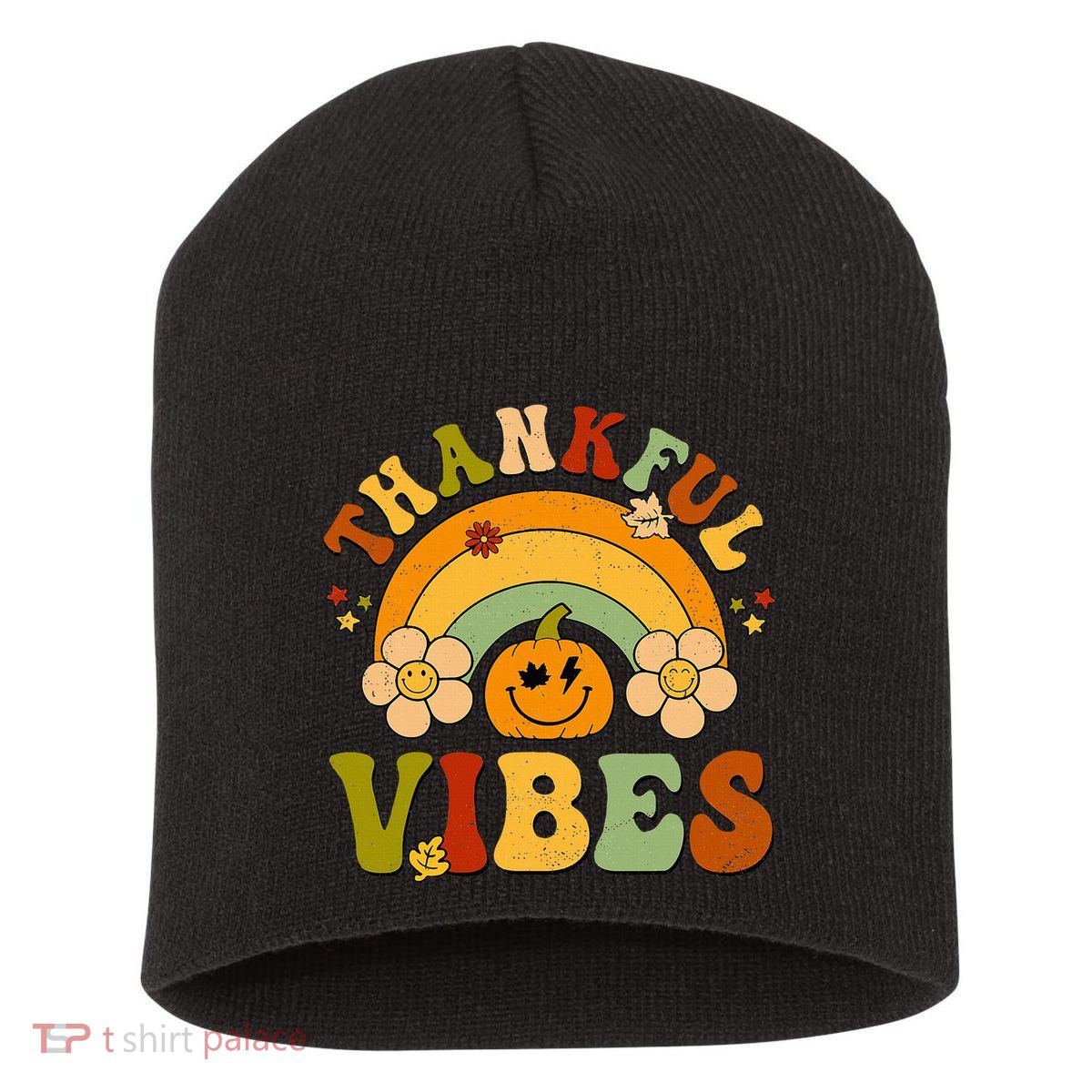 Thankful Vibes Autumn Pumpkin Harvest Festive Short Acrylic Beanie