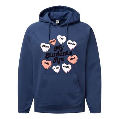 Teacher Valentines Day Positive Affirmations Candy Hearts Performance Fleece Hoodie