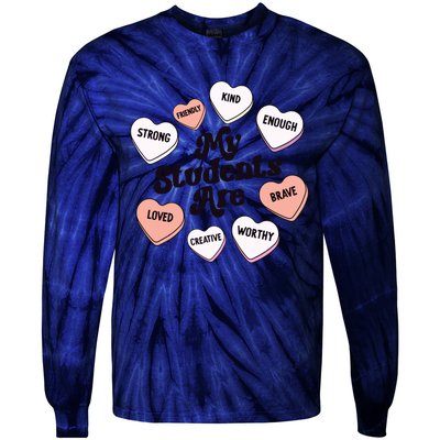 Teacher Valentines Day Positive Affirmations Candy Hearts Tie-Dye Long Sleeve Shirt