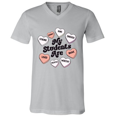 Teacher Valentines Day Positive Affirmations Candy Hearts V-Neck T-Shirt