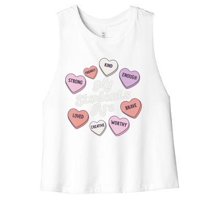 Teacher Valentines Day Positive Affirmations Candy Hearts Women's Racerback Cropped Tank