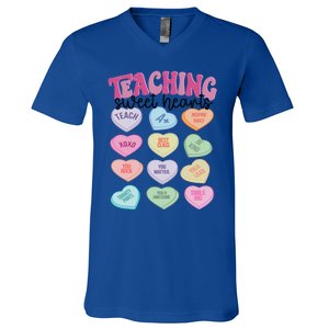 Teacher Valentine Day Retro Teaching Sweethearts Candy Heart Gift V-Neck T-Shirt