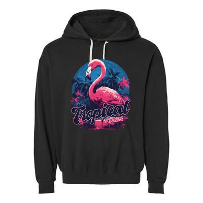 Tropical Vibes Flamingo Retro Palm Tree Garment-Dyed Fleece Hoodie