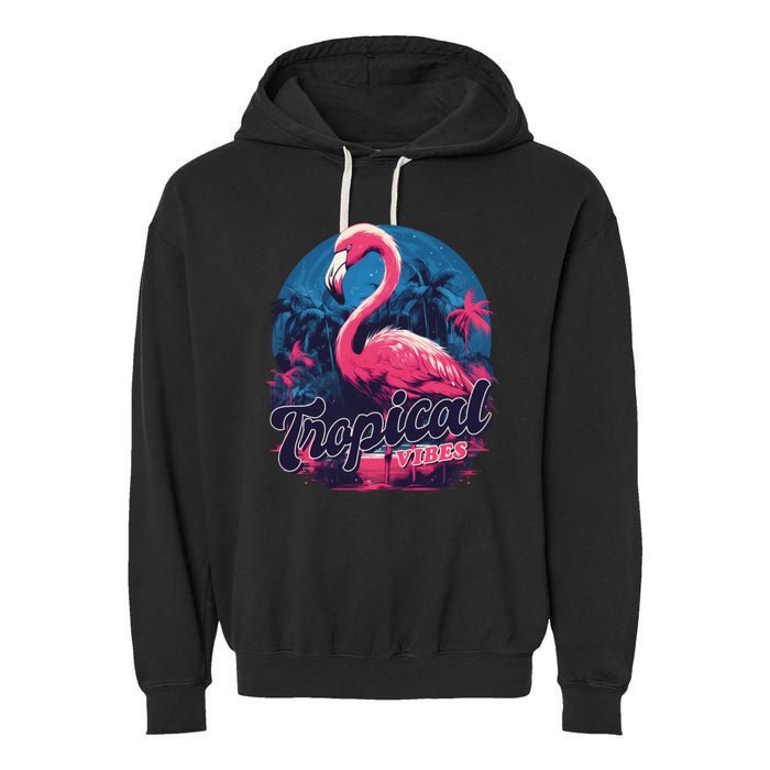 Tropical Vibes Flamingo Retro Palm Tree Garment-Dyed Fleece Hoodie
