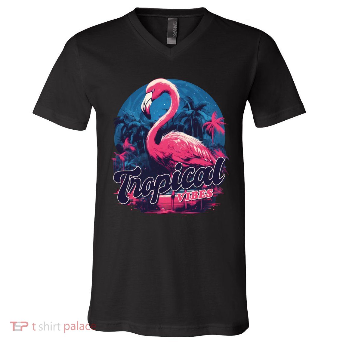 Tropical Vibes Flamingo Retro Palm Tree V-Neck T-Shirt