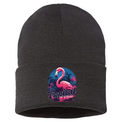 Tropical Vibes Flamingo Retro Palm Tree Sustainable Knit Beanie