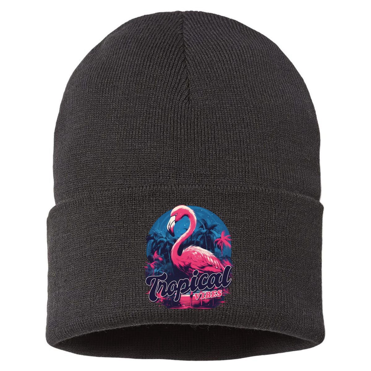Tropical Vibes Flamingo Retro Palm Tree Sustainable Knit Beanie