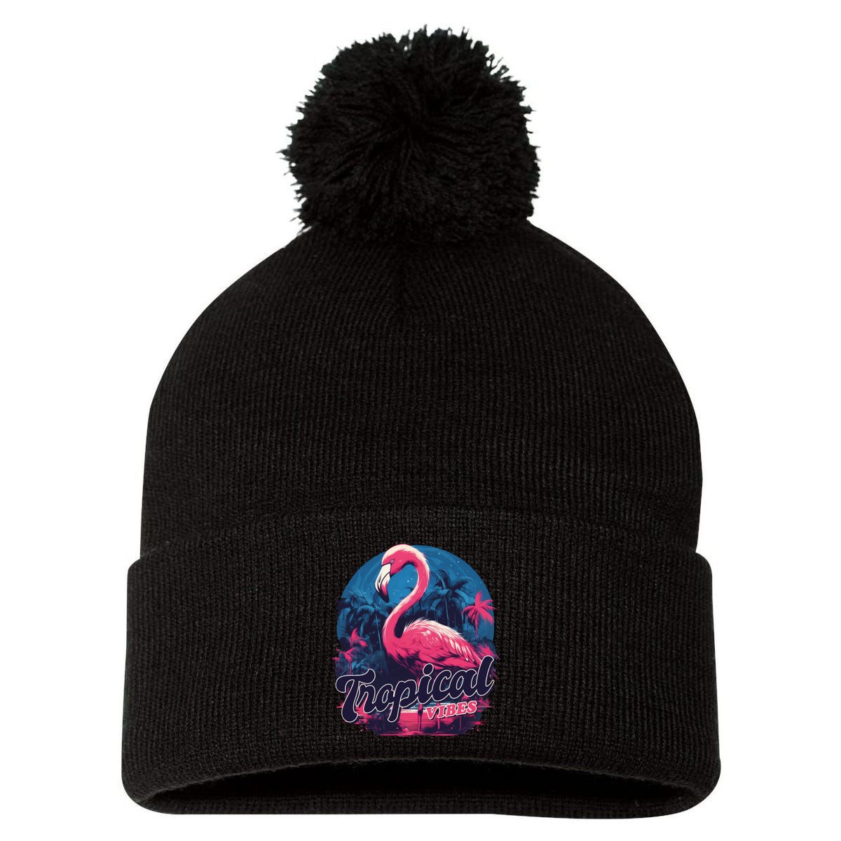 Tropical Vibes Flamingo Retro Palm Tree Pom Pom 12in Knit Beanie