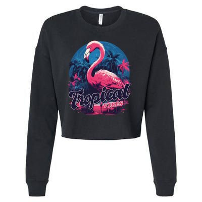 Tropical Vibes Flamingo Retro Palm Tree Cropped Pullover Crew