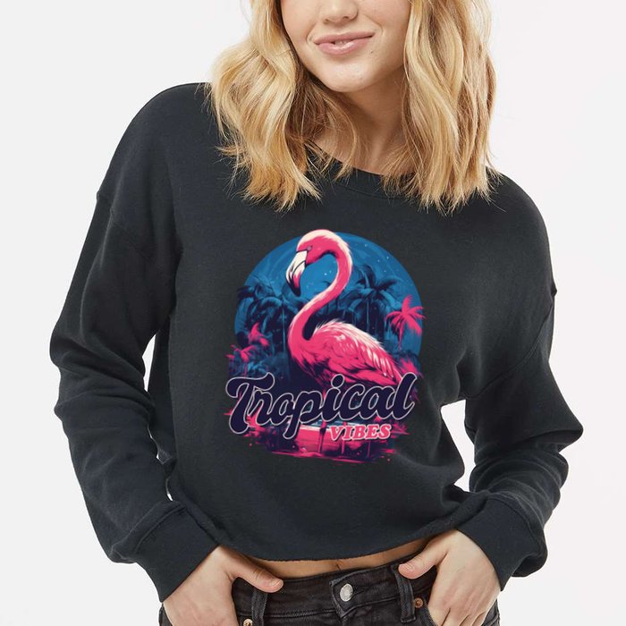 Tropical Vibes Flamingo Retro Palm Tree Cropped Pullover Crew